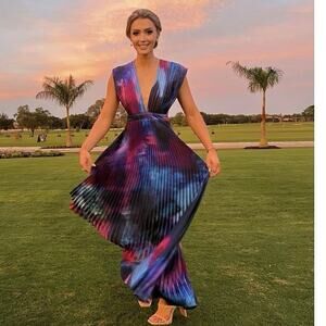 L’IDÉE Blue Purple Tie-Dye Print A-Line Sleeveless Gala Gown Dress Size 10